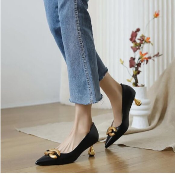 YDN Black Low Heel Pointed Toe Pumps with Metal Chain Solid Golden Heeled Shoes - Picture 1 of 8